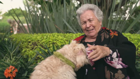 elderly woman petting dog in garden