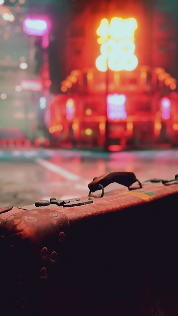 Vintage Suitcase on a Wet City Street at Night