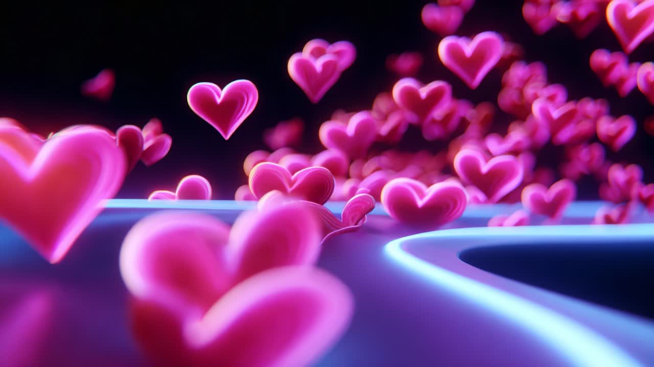 A mesmerizing visual journey through a dreamy landscape filled with vibrant pink hearts floating gracefully in a colorful neon environment, evoking feelings of love, joy, and romance as they twirl in a captivating motion