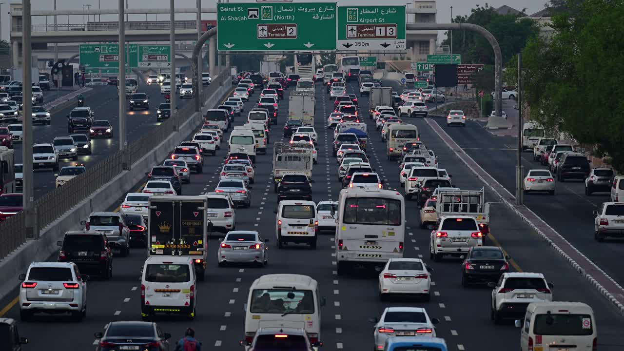A view of evening traffic congestion in Dubai, with cars making their way towards Sharjah, United Arab Emirates
