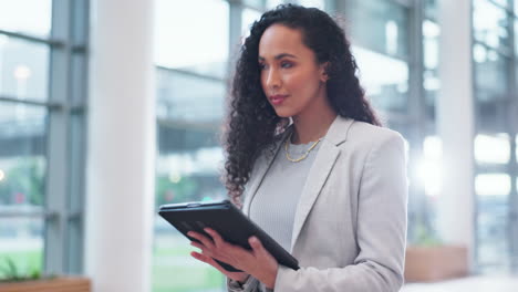 Search,-tablet-and-walking-with-business-woman