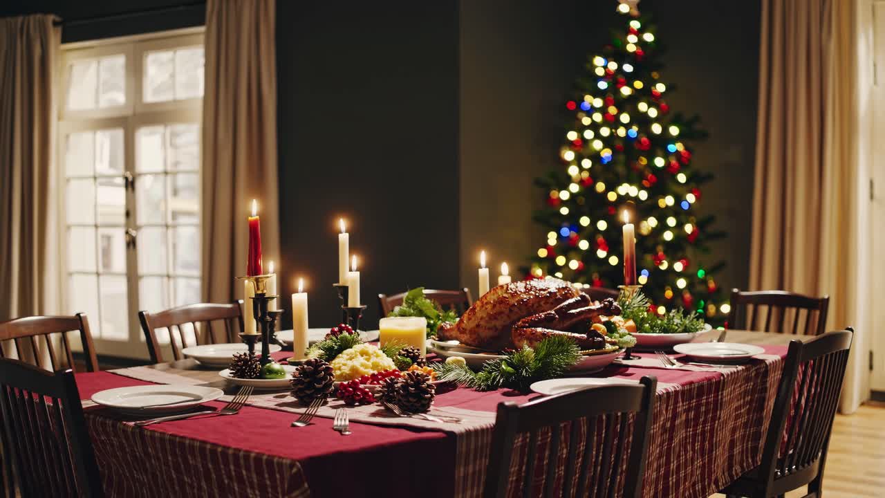 Festive dining table with candles and a turkey, set for a holiday feast