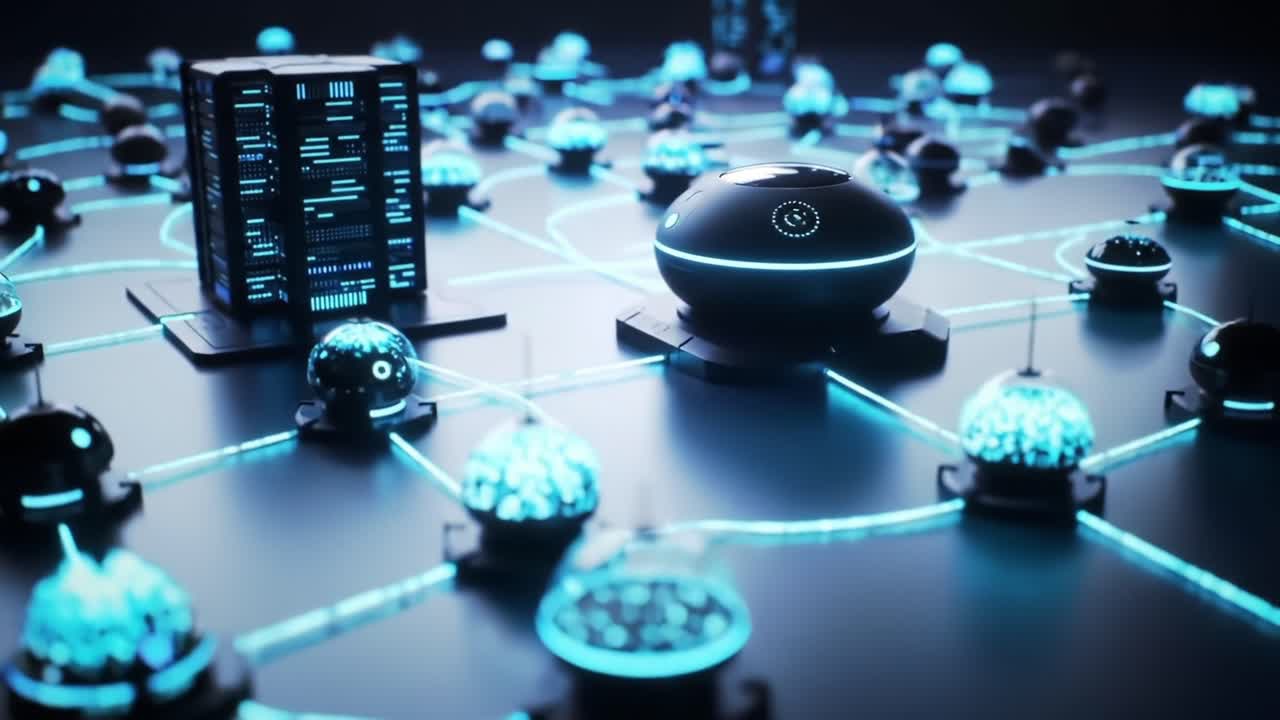 A Futuristic Networking Landscape Showcasing Interconnected Spheres and a Data Center with Glowing Elements Representing Advanced Technology and Digital Communication