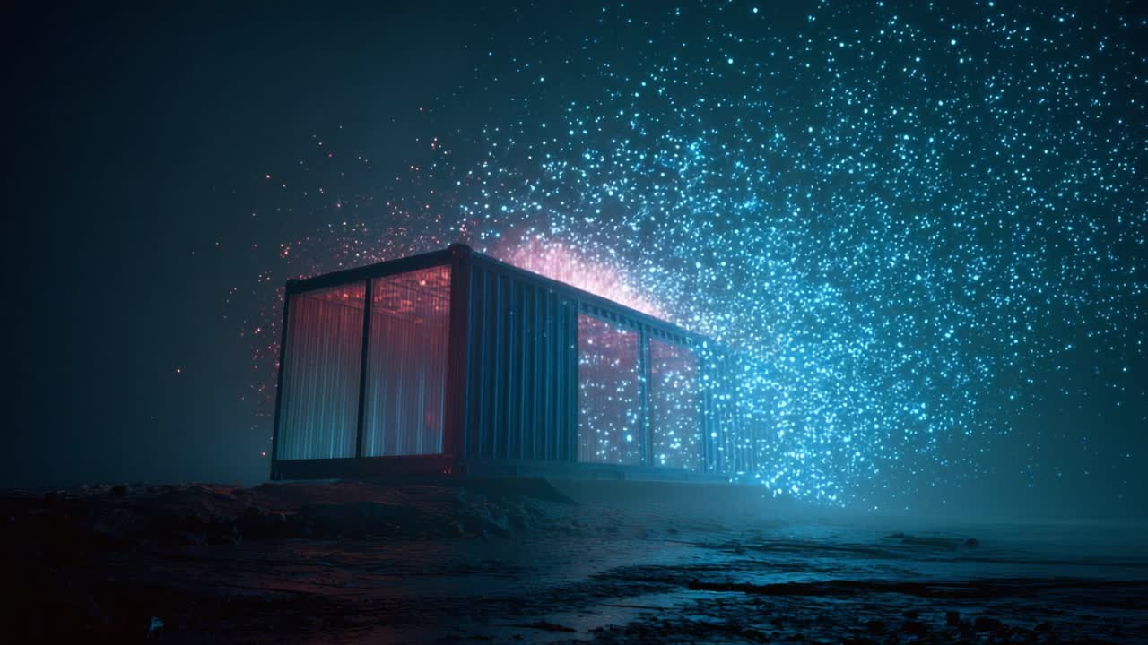 Surreal dark landscape featuring a solitary modern container home with glowing red interior lights, releasing a spectacular stream of bright blue and pink particles into the night air