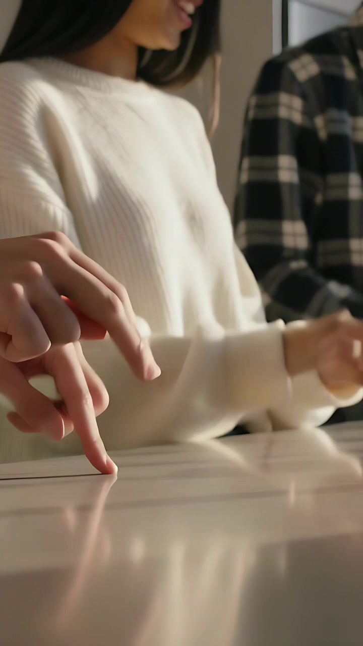 Vertical video: Tapping finger, woman in cream knit inviting plaid partner tapping kitchen counter