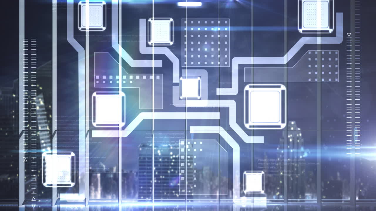 Animation of network of connection with digital icons over cityscape