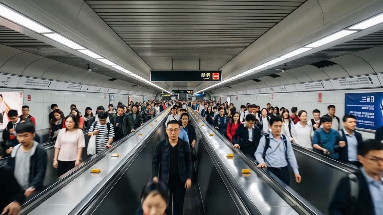 A Bustling Urban Transit Scene Captured in Two Frames: The Vibrant Movement of Commuters on Escalators in a Busy Station