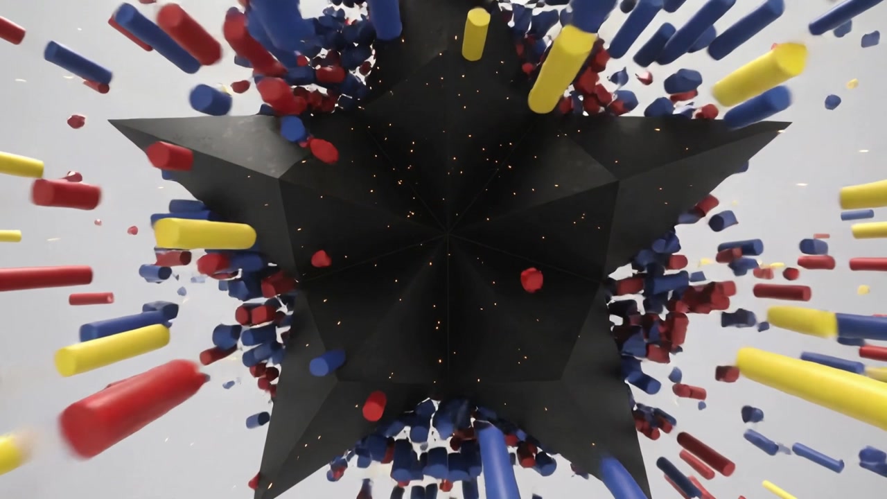 Erupting dense cluster of blue red yellow cylinders from inner core in studio revealing black star