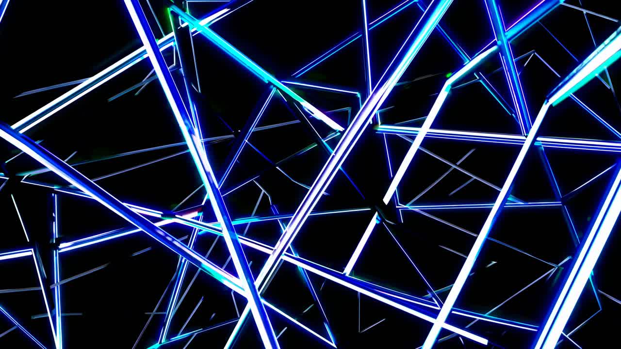 Dynamic video concept featuring intersecting neon light beams at various angles