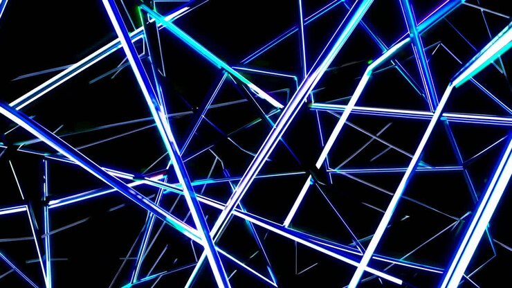 Dynamic video concept featuring intersecting neon light beams at various angles