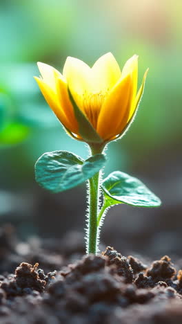 blooming flower bud in nature's garden. a close-up of an orange flower bud emerging from dark soil surrounded by vibrant green leaves under soft sunlight.