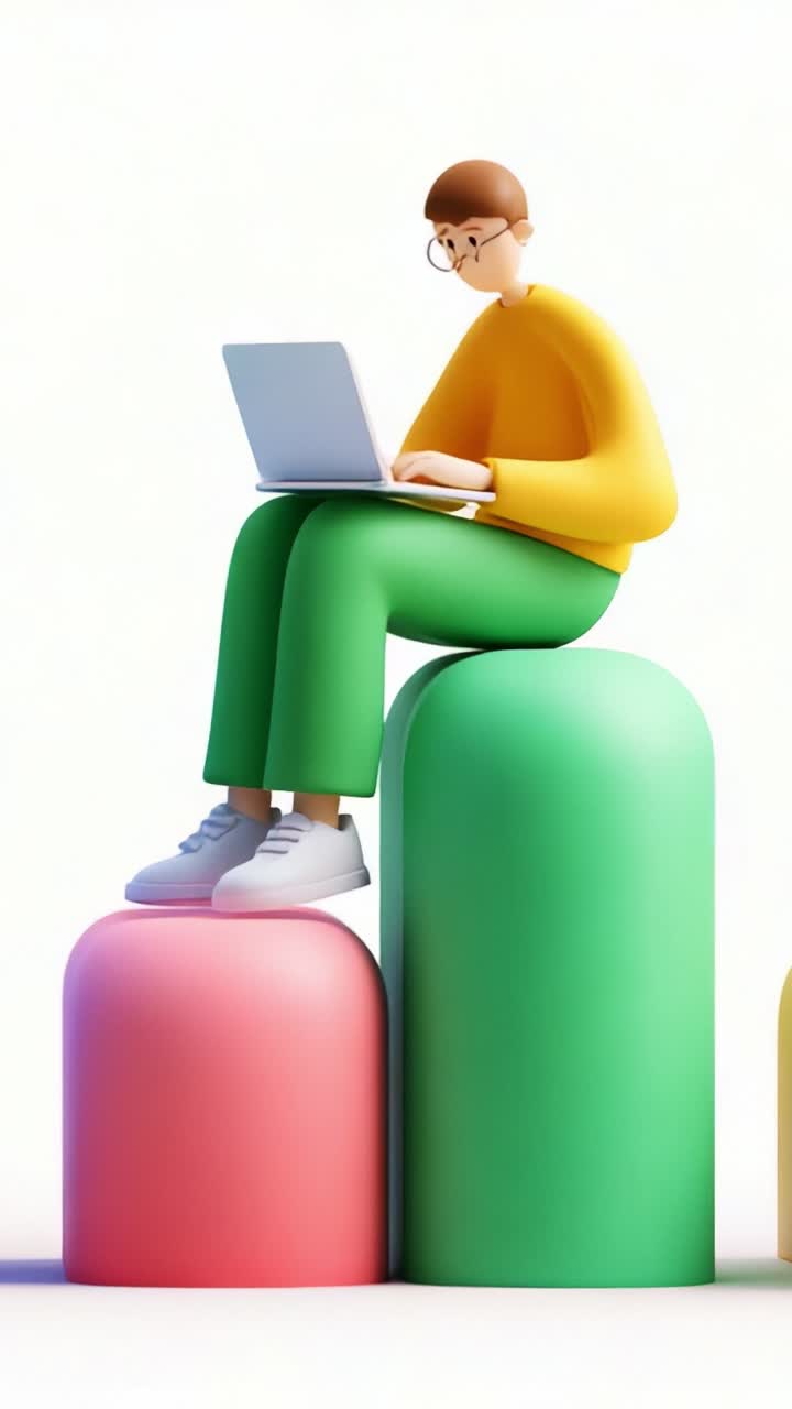 A stylized character sits on colorful geometric shapes while using a laptop, showcasing a modern and vibrant workspace concept with a focus on creativity and productivity