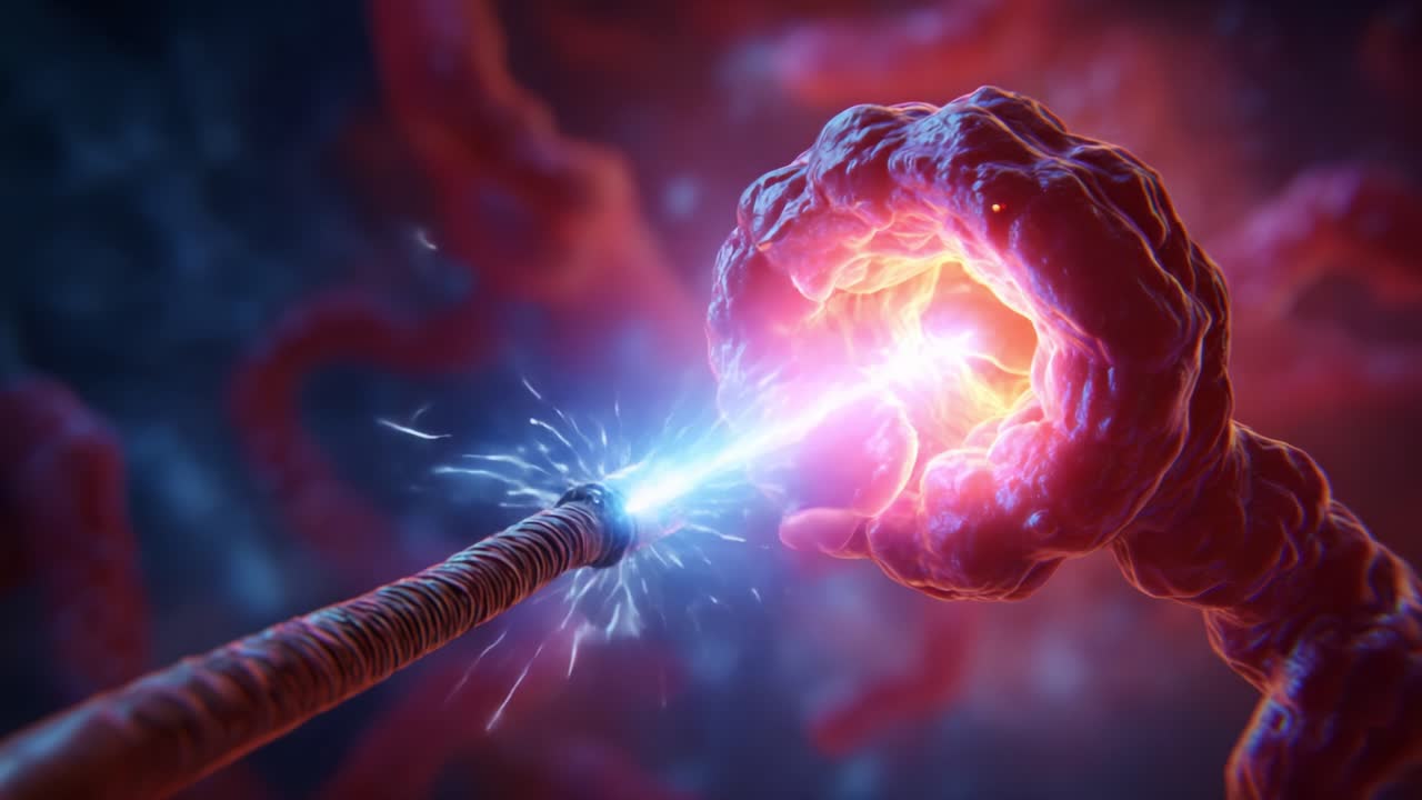 A spectacular visualization of an energy discharge connecting with a glowing cellular structure, showcasing the intricate beauty of microscopic biological interactions in vivid detail