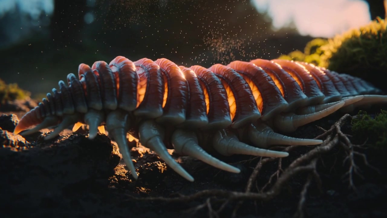 Crawling plated arthropod reacting to dust spray, flexing legs across roots to moss, kicking dust