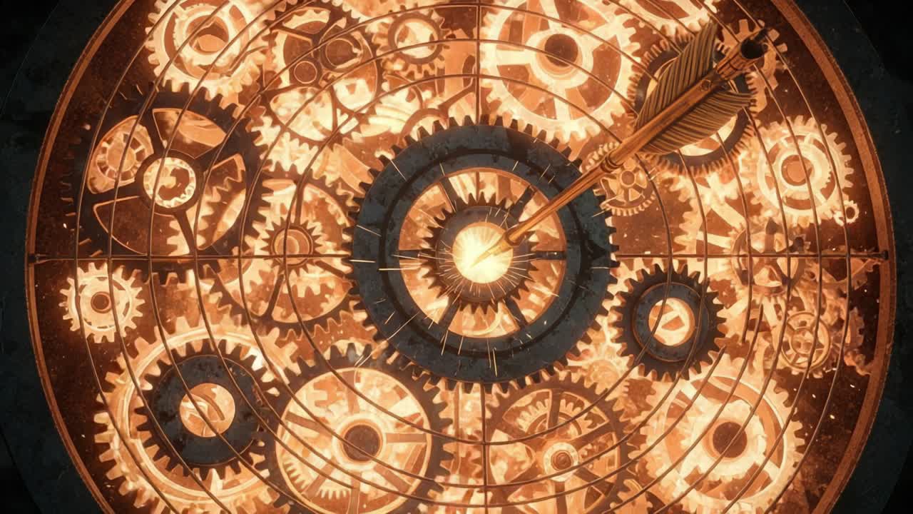 Intricate Machinery Display: A Stunning Top-Down View of a Clockwork Mechanism with Exquisite Gears and a Central Pointer, Showcasing the Complexity of Engineering Design