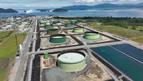 establishing aerial shot of an oil refinery