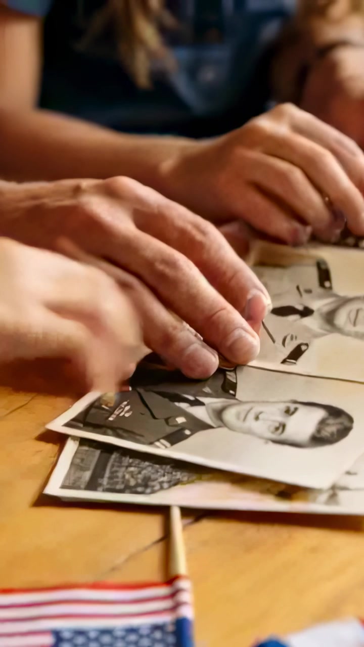 Vertical video: Adult and denim kid hands-resting sorting pics on table remembering veteran and