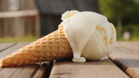 melting vanilla ice cream cone on a wooden table