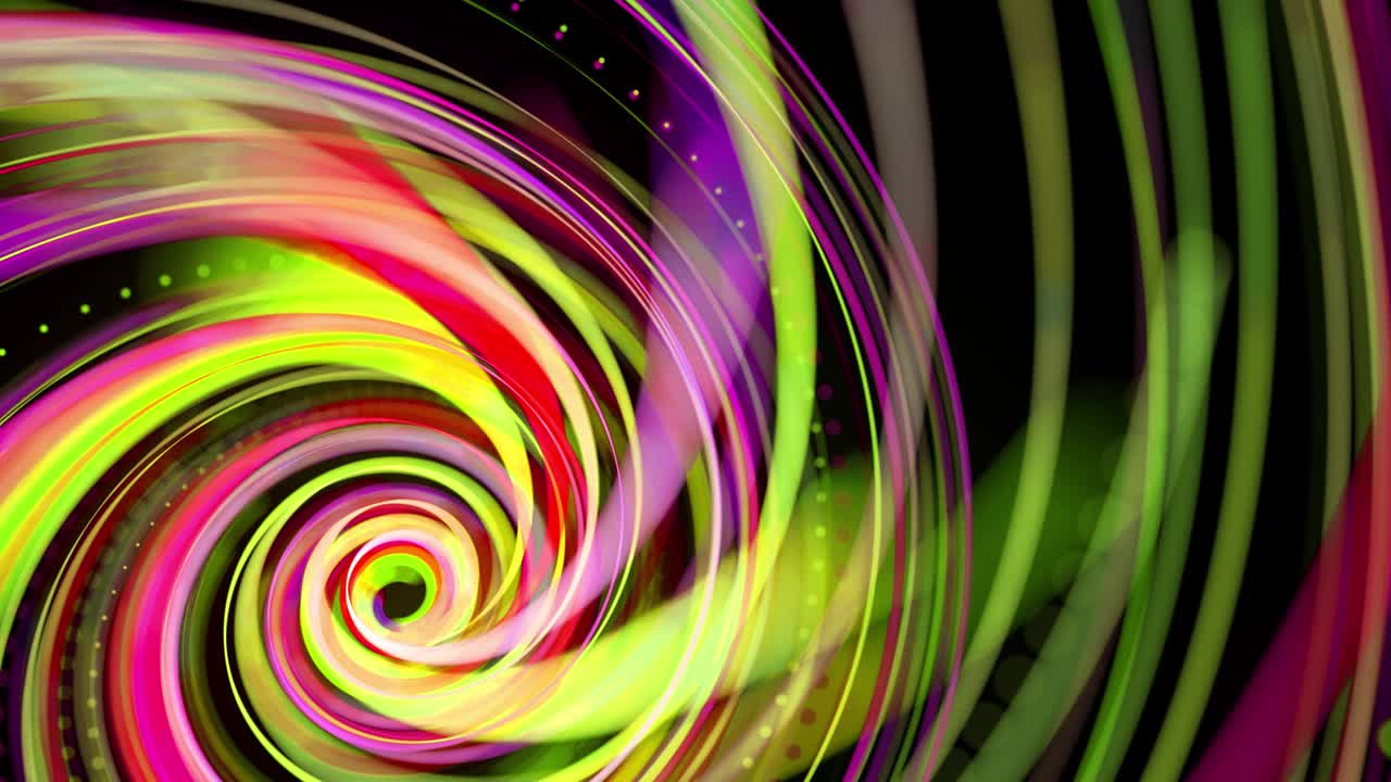 Light flow bg in 4k. Abstract looped background with light trails, stream of green red yellow neon lines in space move to form spiral shapes. Modern trendy motion design background light effect