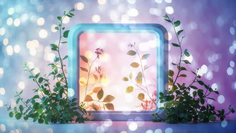 ethereal glowing window with lush plants and bokeh lights