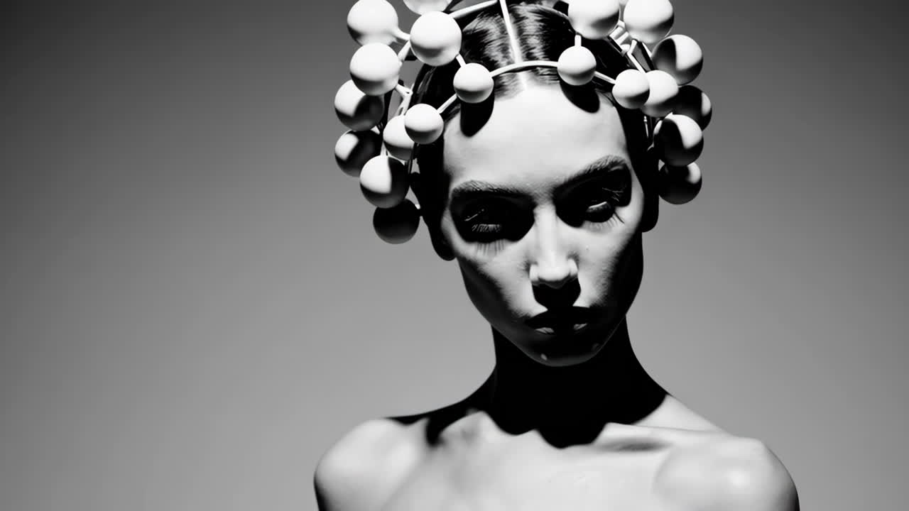 A black and white conceptual fashion portrait of a woman with an abstract headpiece