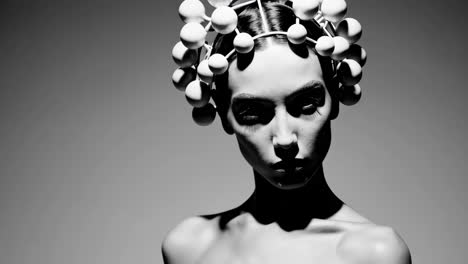 a black and white conceptual fashion portrait of a woman with an abstract headpiece