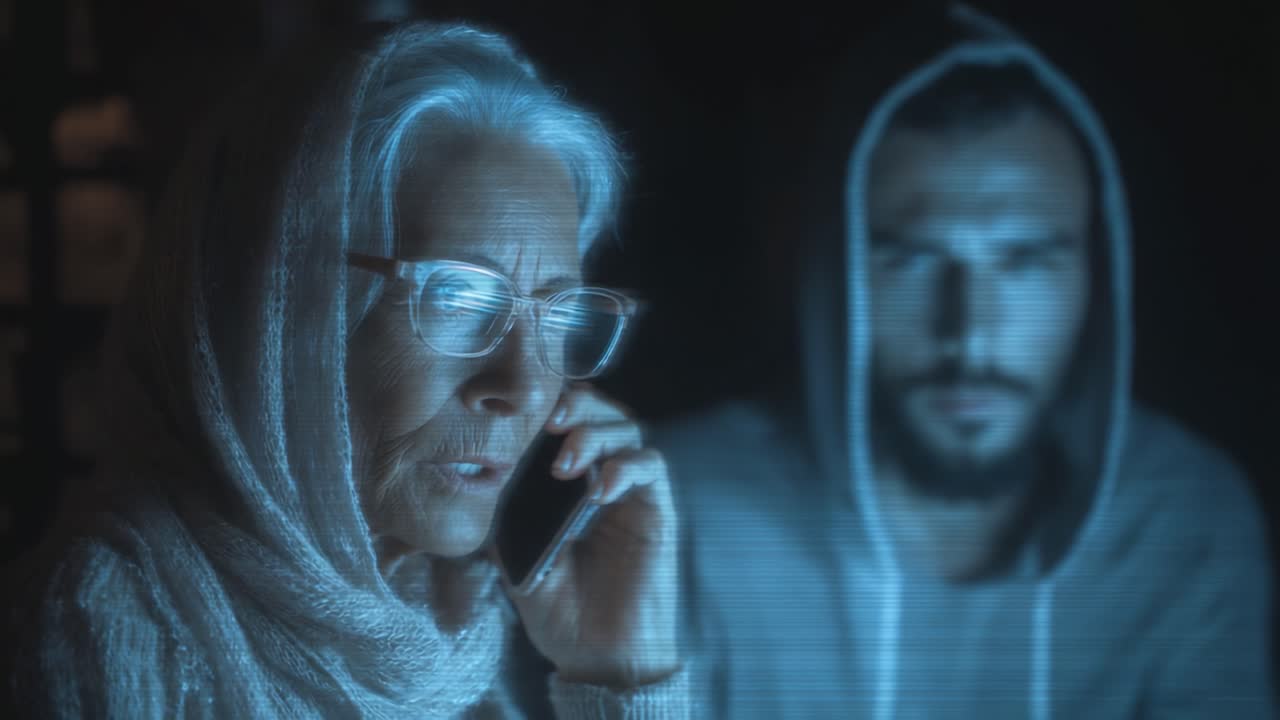 Un Momento de Suspenso: Una Anciana al Teléfono Sostiene una Conversación Tensa Mientras una Figura Misteriosa Observa Atentamente en las Sombras