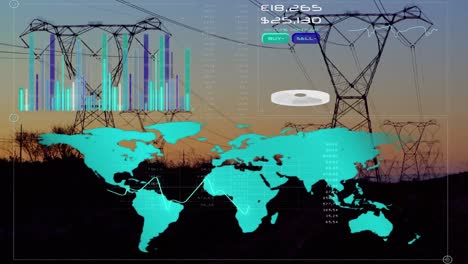 Animation-of-ticking-clock-and-interface-with-data-processing-over-mobile-towers-and-sunset-sky