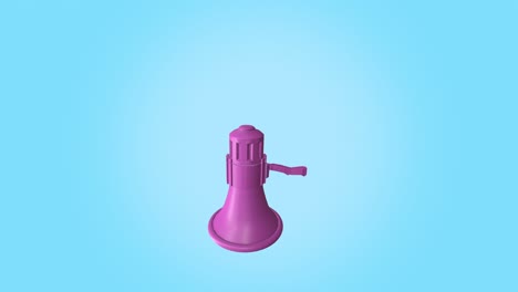 un megáfono rosa girando de cerca sobre un fondo azul brillante. representación de animación en 3d