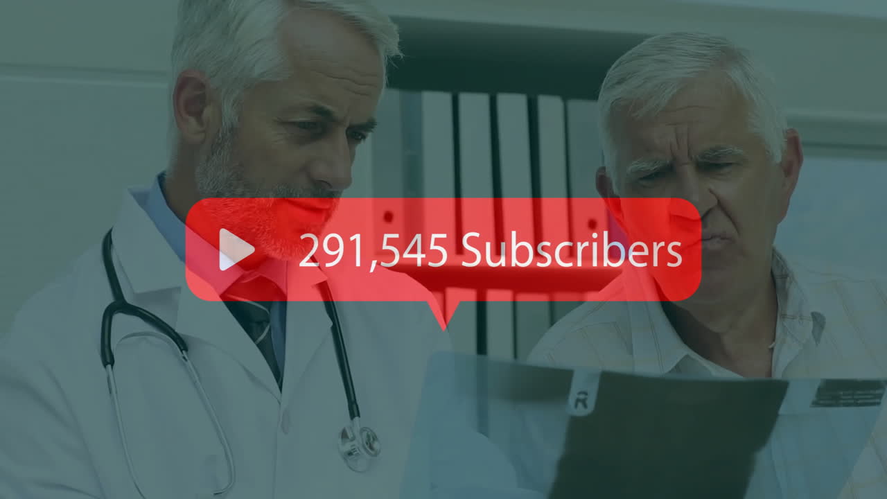 Doctor and patient reviewing medical results, 316,406 Subscribers animation over them