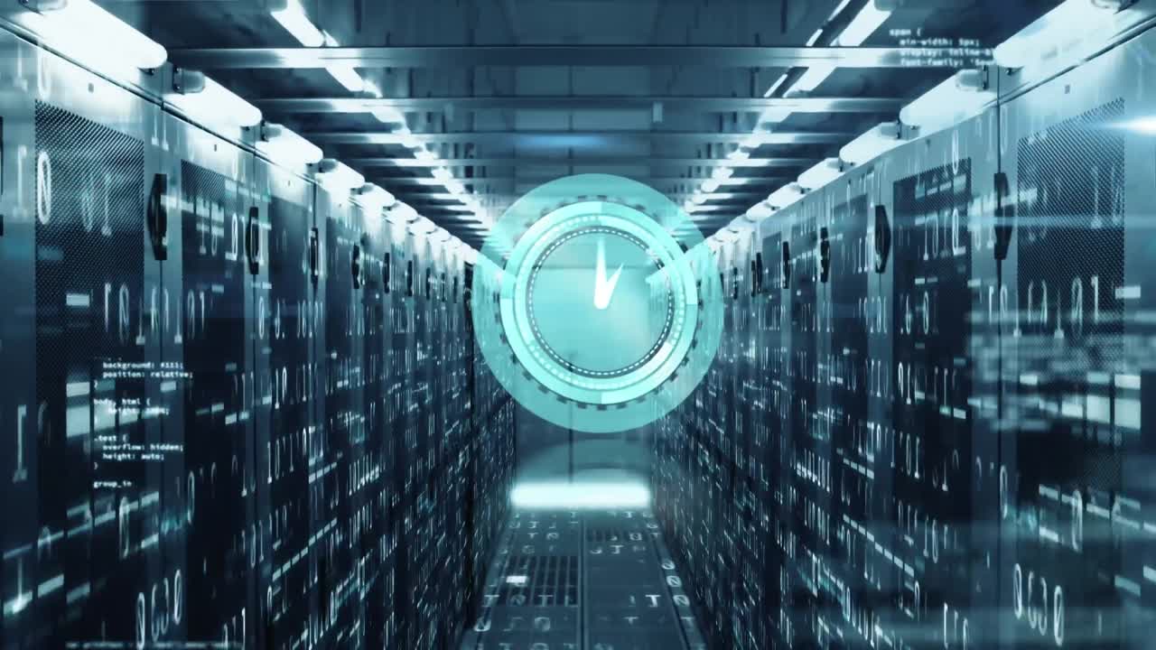Animation of ticking clock and data processing against computer server room