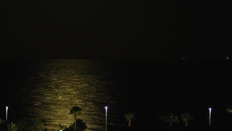 night at the seaside with city street lamps and the moon illuminating surface