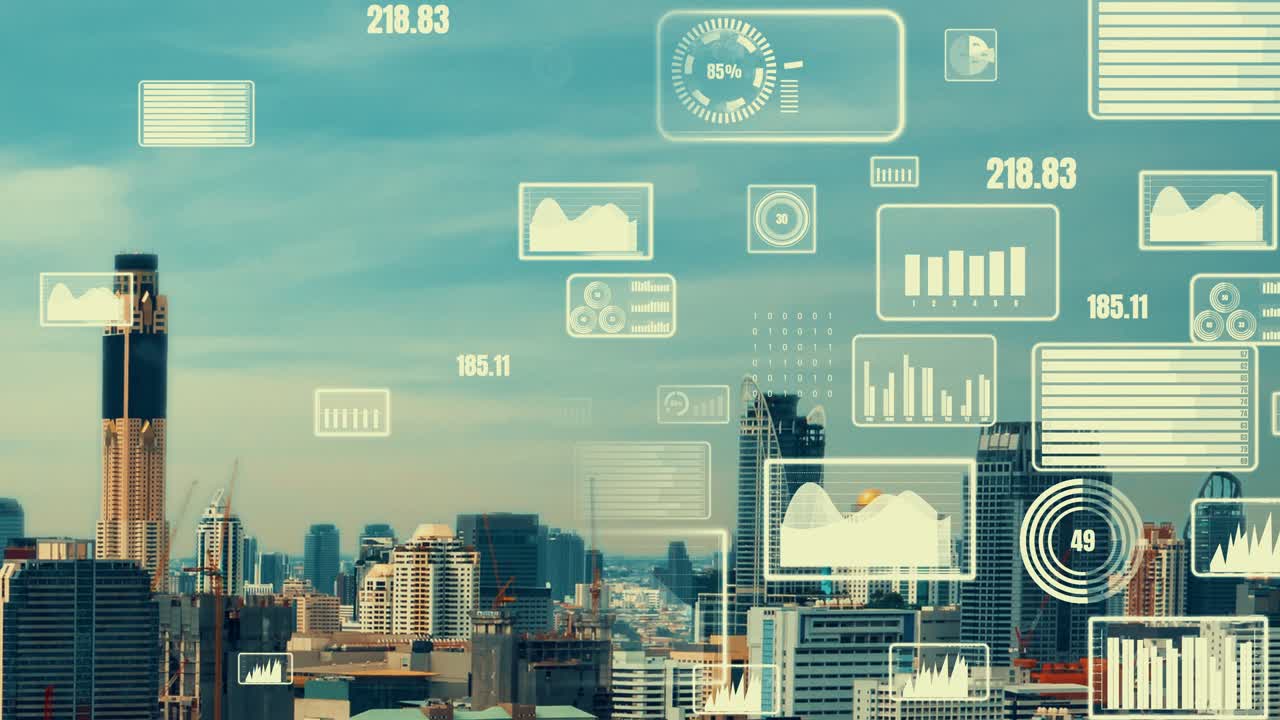interfaz de análisis de datos de negocios volar sobre la ciudad inteligente mostrando alteración futuro