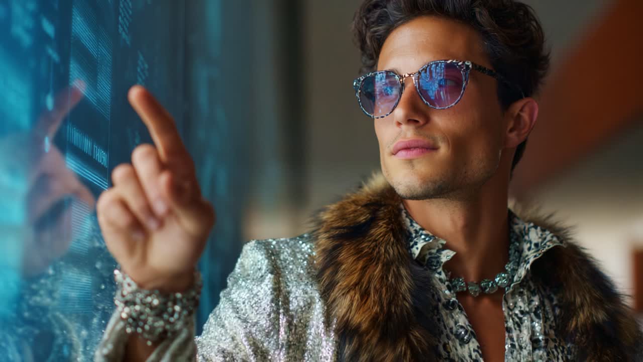 Una persona elegante con un look futuristico, che emana sicurezza e fascino in un outfit scintillante con un tocco di innovazione digitale
