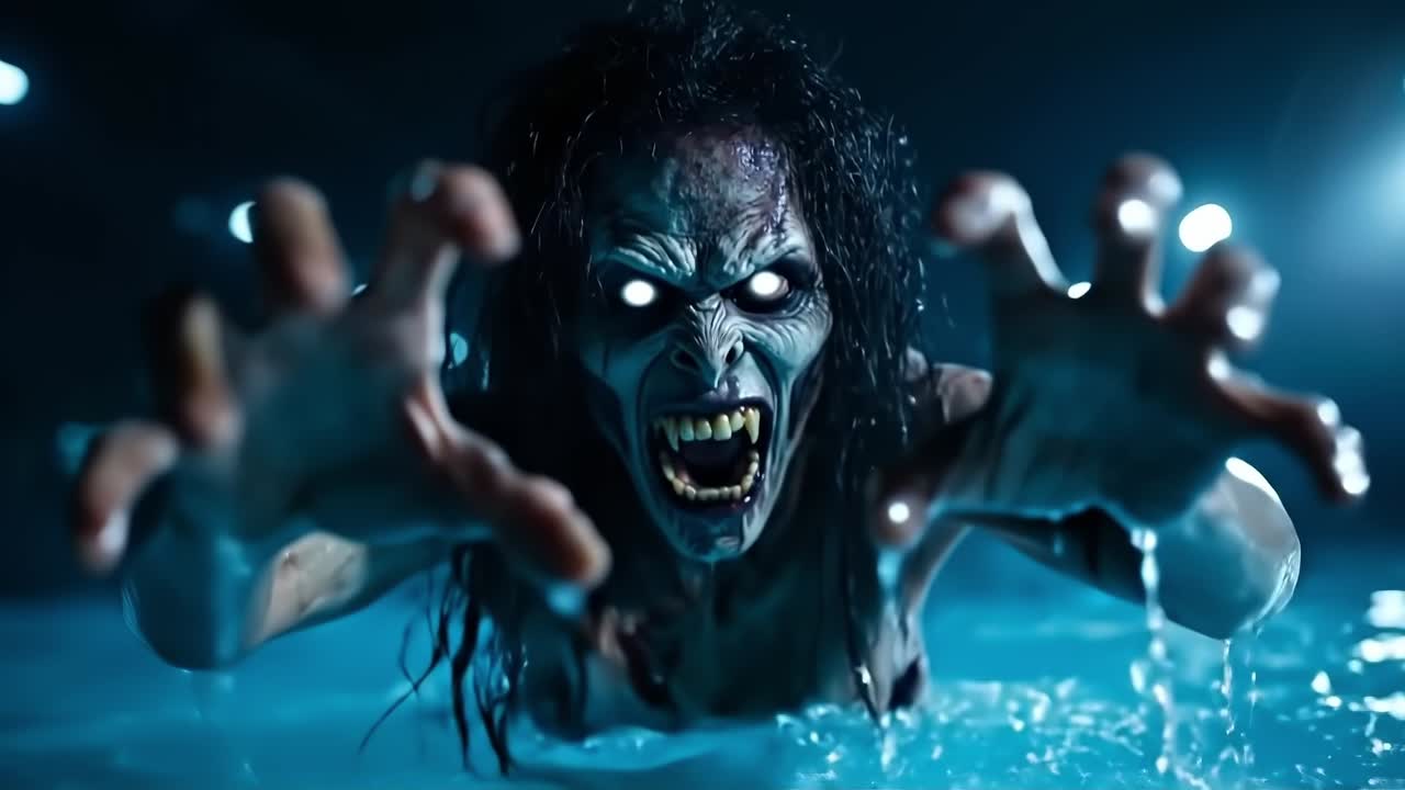 Una creatura dall'aspetto inquietante nell'acqua con la luna piena sullo sfondo