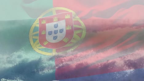 Digital-composition-of-waving-portugal-flag-against-waves-in-the-sea