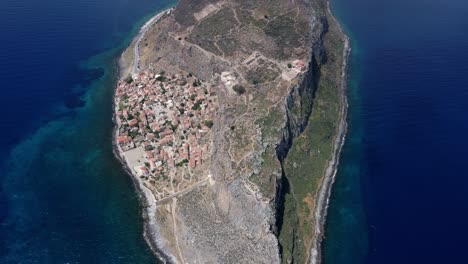 drone shot of monemvasia lower and upper towns, southern greece