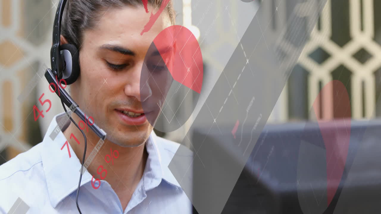 Man using headset analyzing data in tech workspace, showing animated world map pie-chart overlays