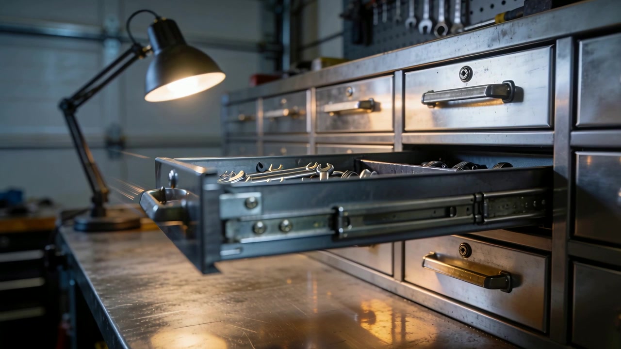 Sliding metal drawer starting to extend along workshop bench, revealing wrenches and sockets