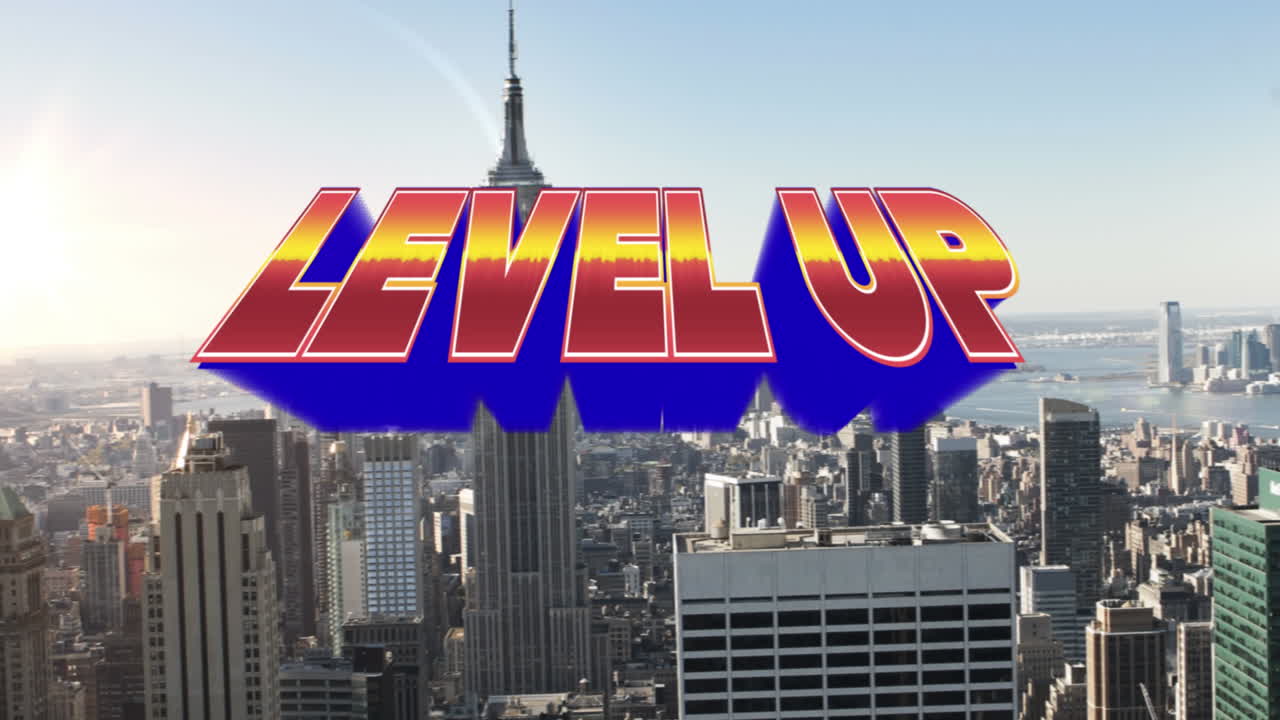 현대 도시 풍경 위에서 오렌지색 텍스트 레벨을 올리는 애니메이션