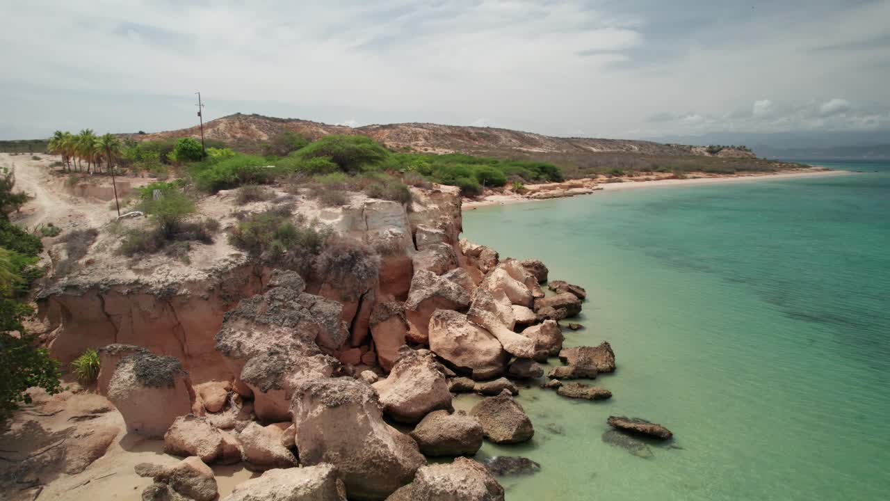 Serene aerial view of Araya Playa la Paria's rocky coastline and blue waters