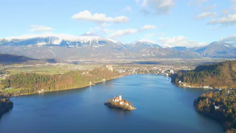 Stunning-4K-aerial-drone-video-captures-Lake-Bled,-Slovenia,-at-sunrise