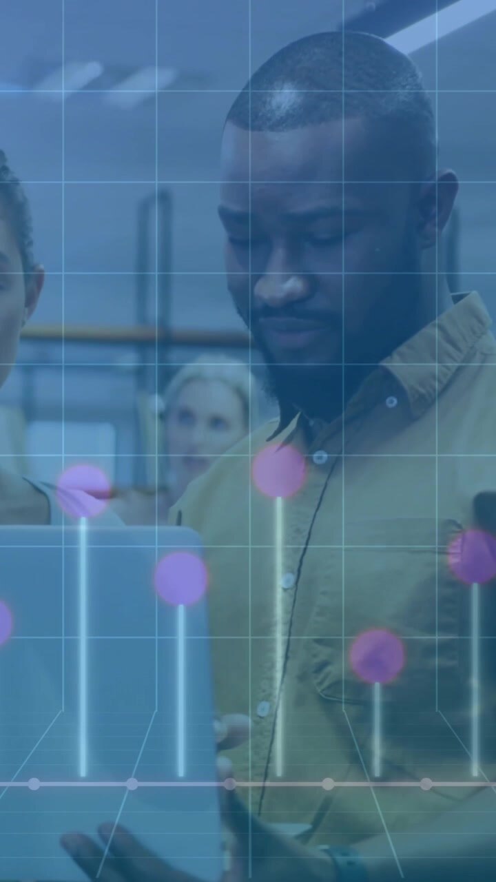 Animation of financial data processing over diverse colleagues discussing work in office