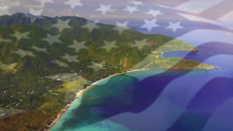 Digitale-Komposition-Der-Schwenkenden-US-Flagge-Vor-Der-Luftaufnahme-Des-Meeres