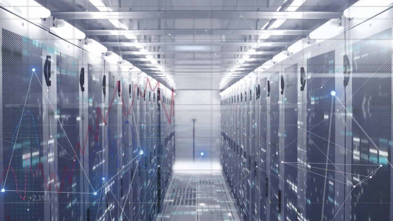 Animation of network of connections and data processing over tech room with computer servers