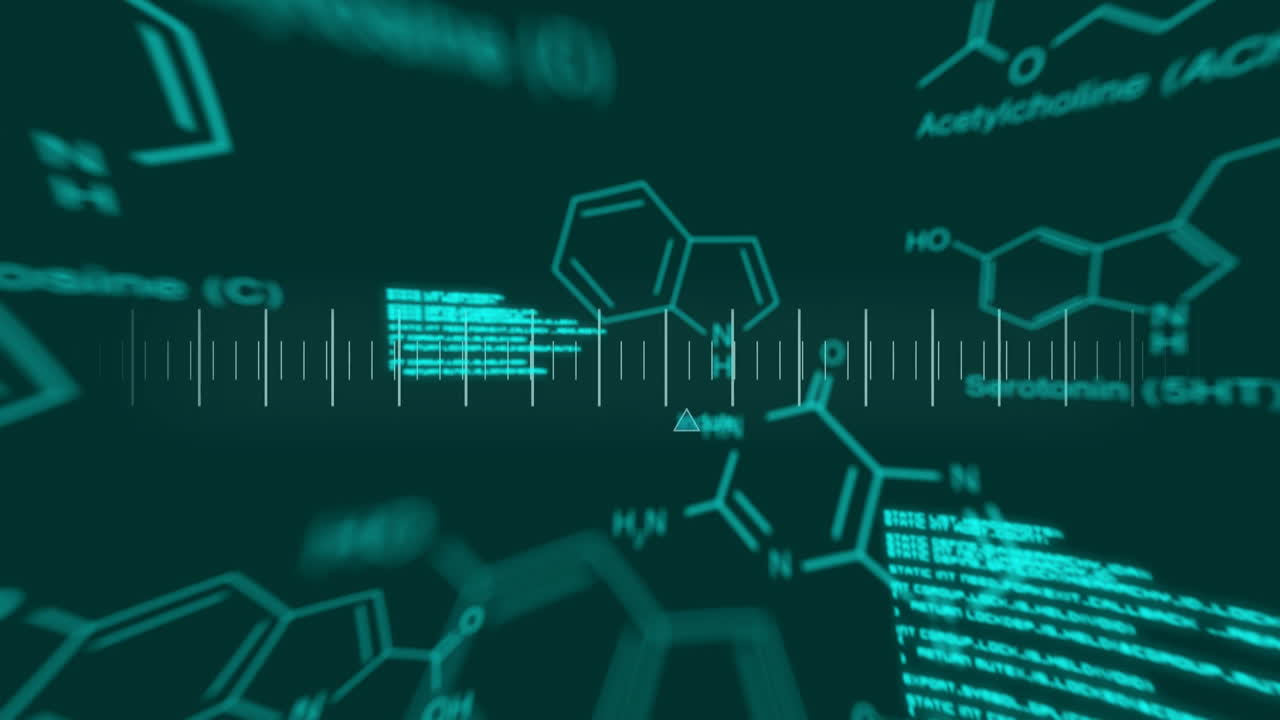 Animation of chemical formula over data processing on black background