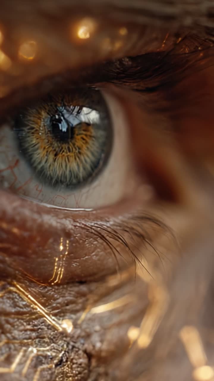Esplorazione ravvicinata di un occhio scintillante, che mette in mostra dettagli intricati e colori vibranti, arricchita da motivi unici e riflessi di texture nella luce