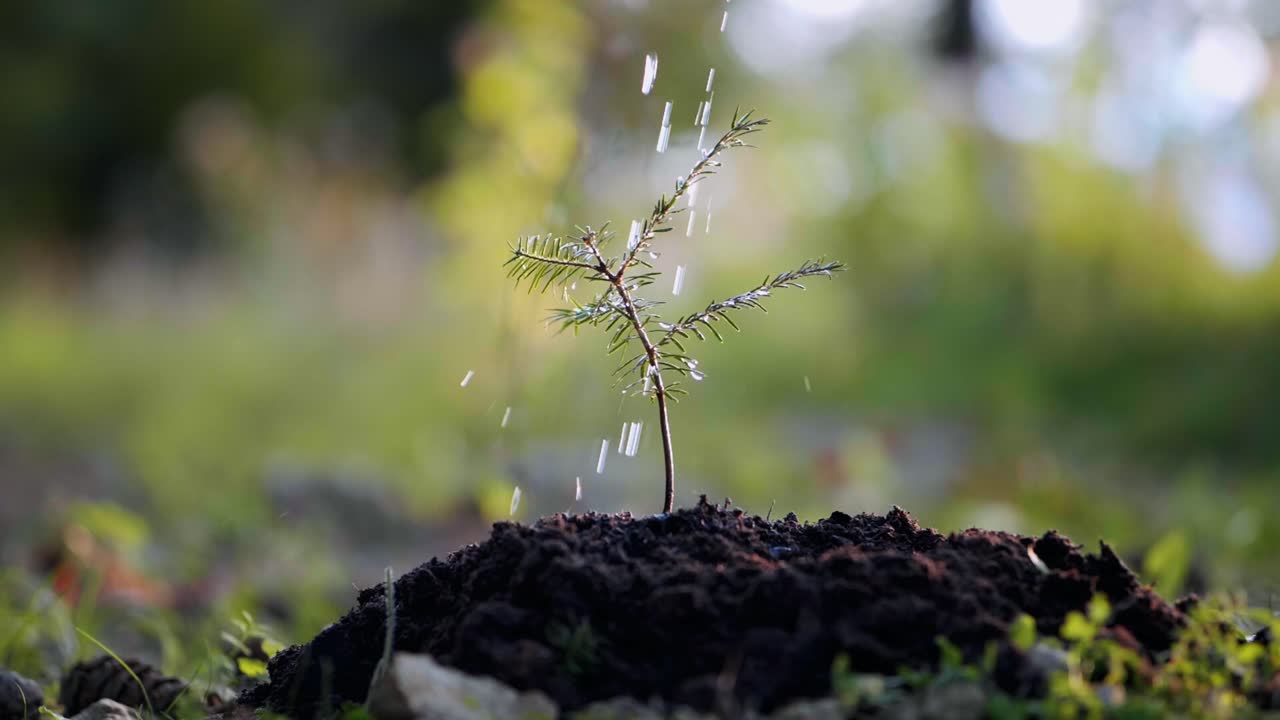 Hand drips water over freshly planted fir tree in mound of earth in forest