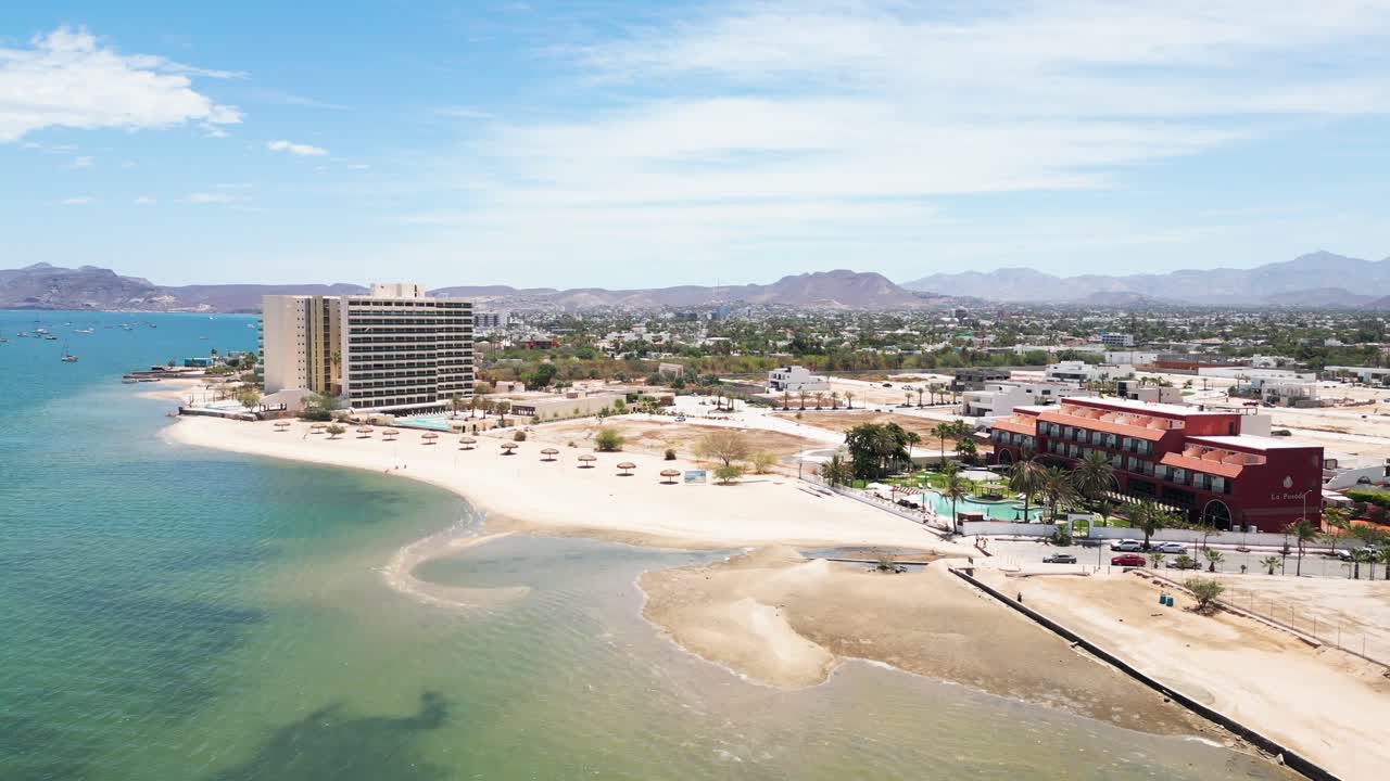Beachfront hotels along Playa Posada in sunny La Paz, Baja California Sur, Mexico