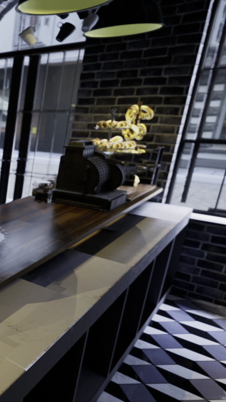 Coffee machine and pastry display at a modern cafe in the city